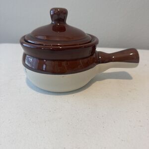 Individual Covered Casserole Dish Pottery Crock with Handle 3 Tone Brown Vintage